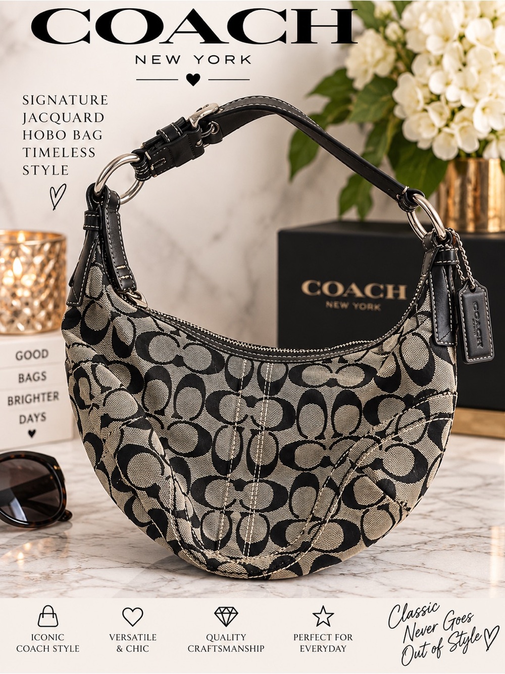 Coach Black and Tan Signature Jacquard Crescent Hobo